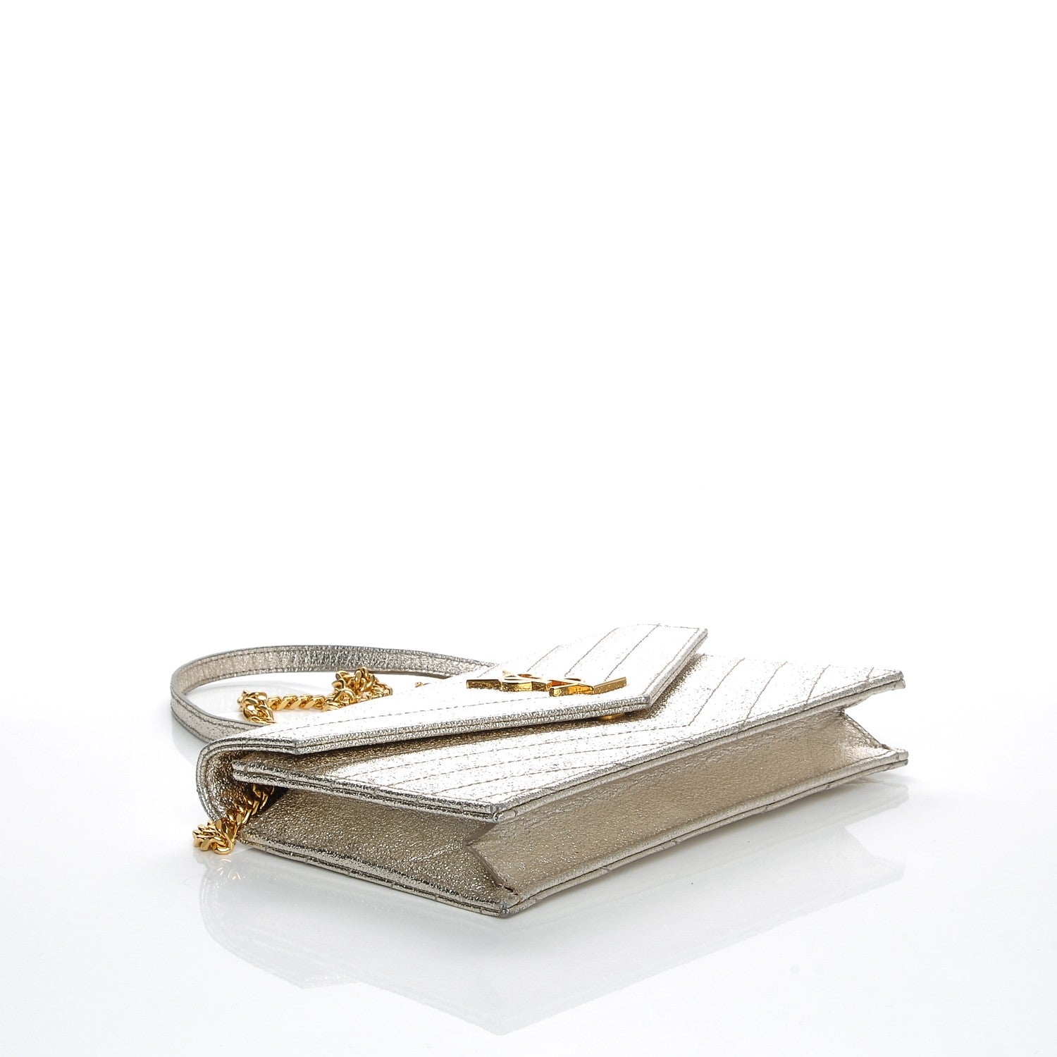 Saint Laurent Metallic Calfskin Matelasse Chevron Monogram Envelope Chain Wallet Pale Gold 4 of 6
