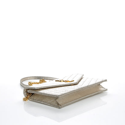 Saint Laurent Metallic Calfskin Matelasse Chevron Monogram Envelope Chain Wallet Pale Gold 4 of 6