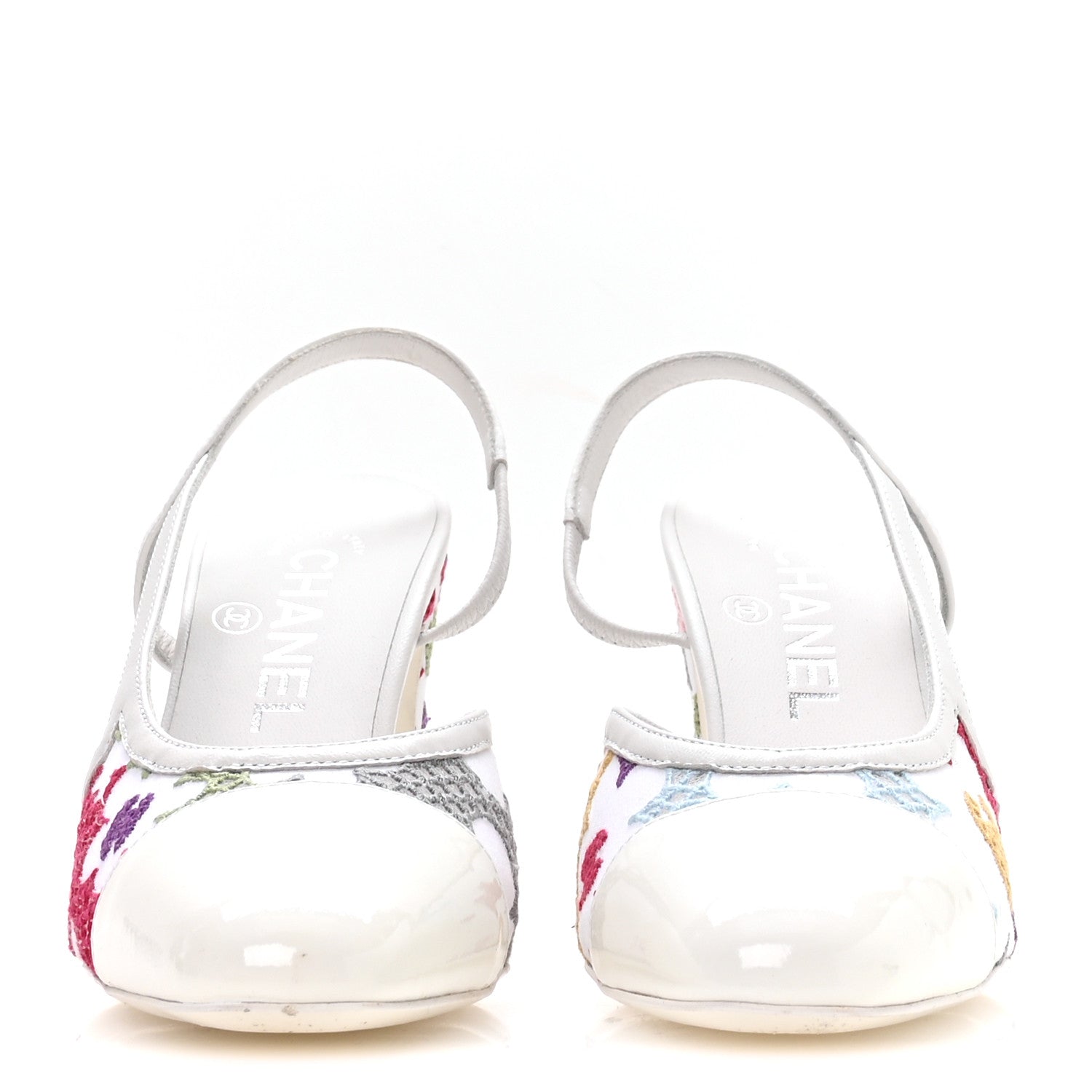 Chanel Cotton Guipure Patent Embroidered Floral Cap Toe CC Slingback Pumps 36 White Multicolor 6 of 16