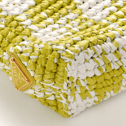 Prada Yarn Raffia Effect Crochet Embroidered Small Logo Tote Citron Yellow 7 of 9