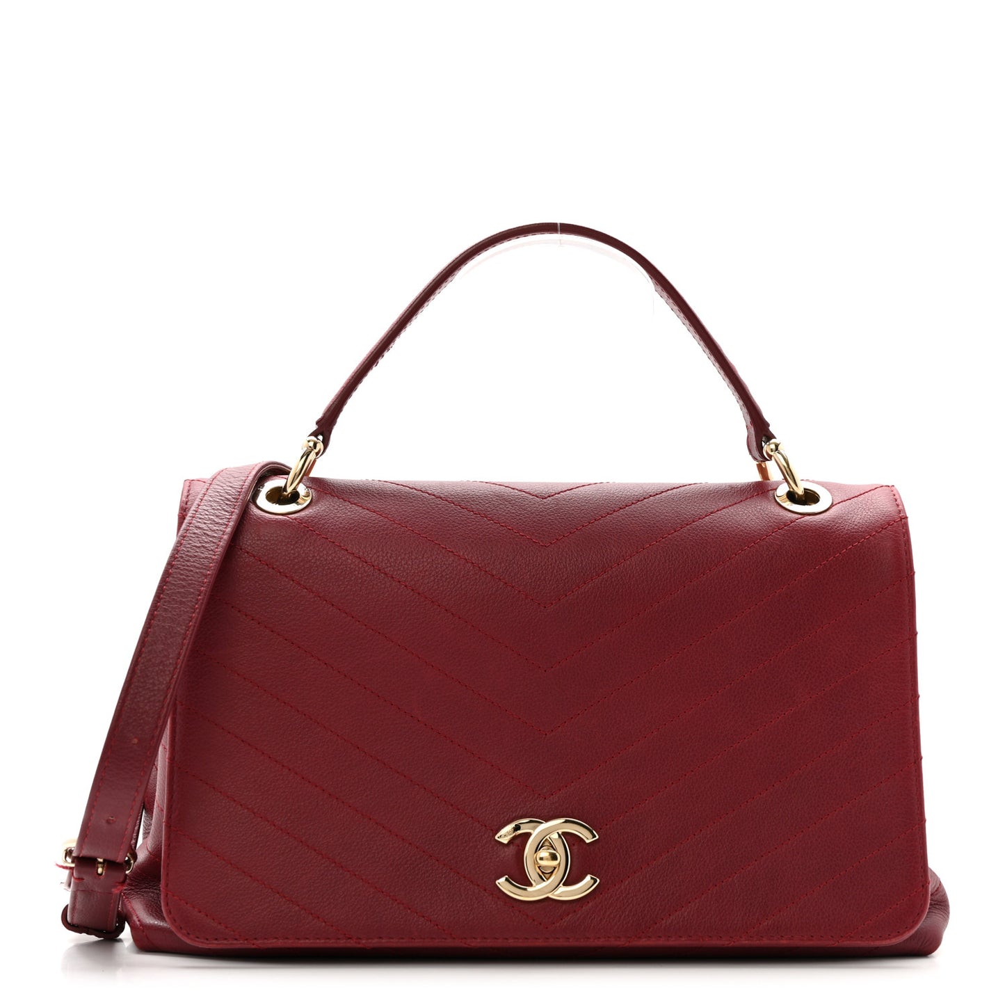 Grained Calfskin Stitched Chevron Medium Chic Top Handle Flap Red