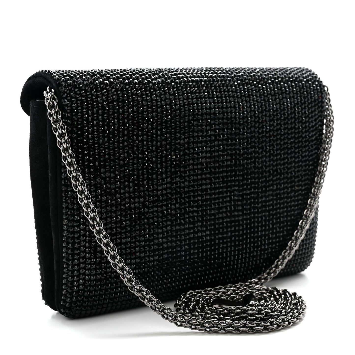 Crystal Suede Embellished Small One Stud Clutch With Chain Black