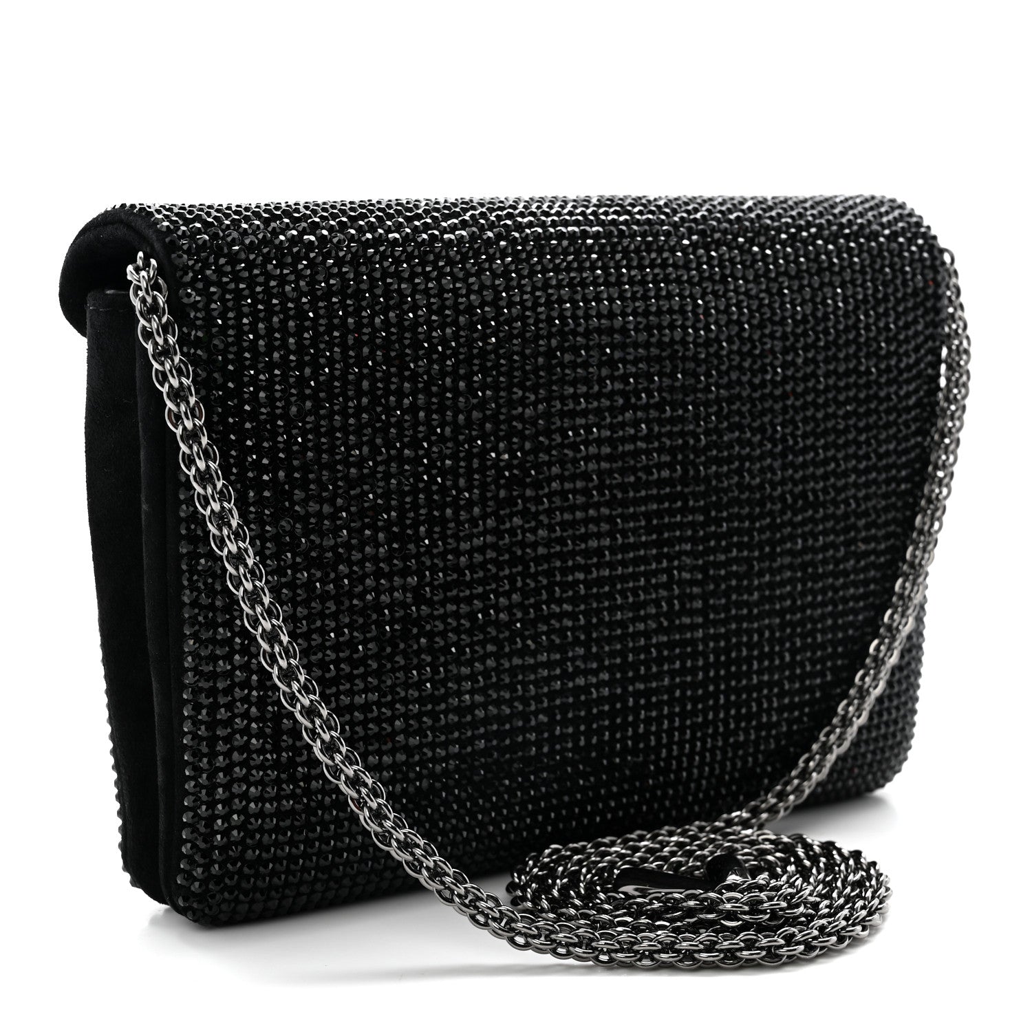 Valentino Garavani Crystal Suede Embellished Small One Stud Clutch With Chain Black 3 of 10