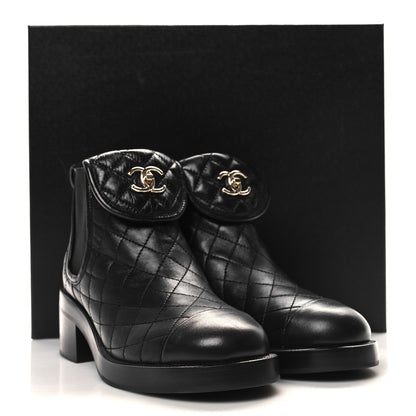 Chanel Lambskin Quilted Cap Toe CC Turnlock Booties 37 Black 9 of 9