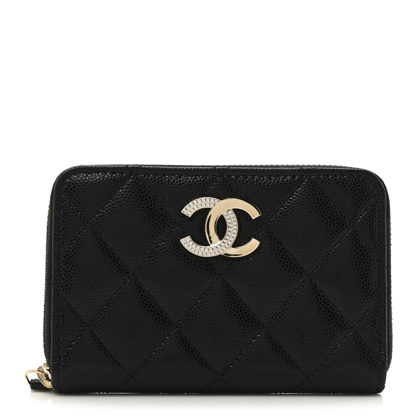 Caviar Quilted Crystal Zip Around Coin Purse Wallet Black