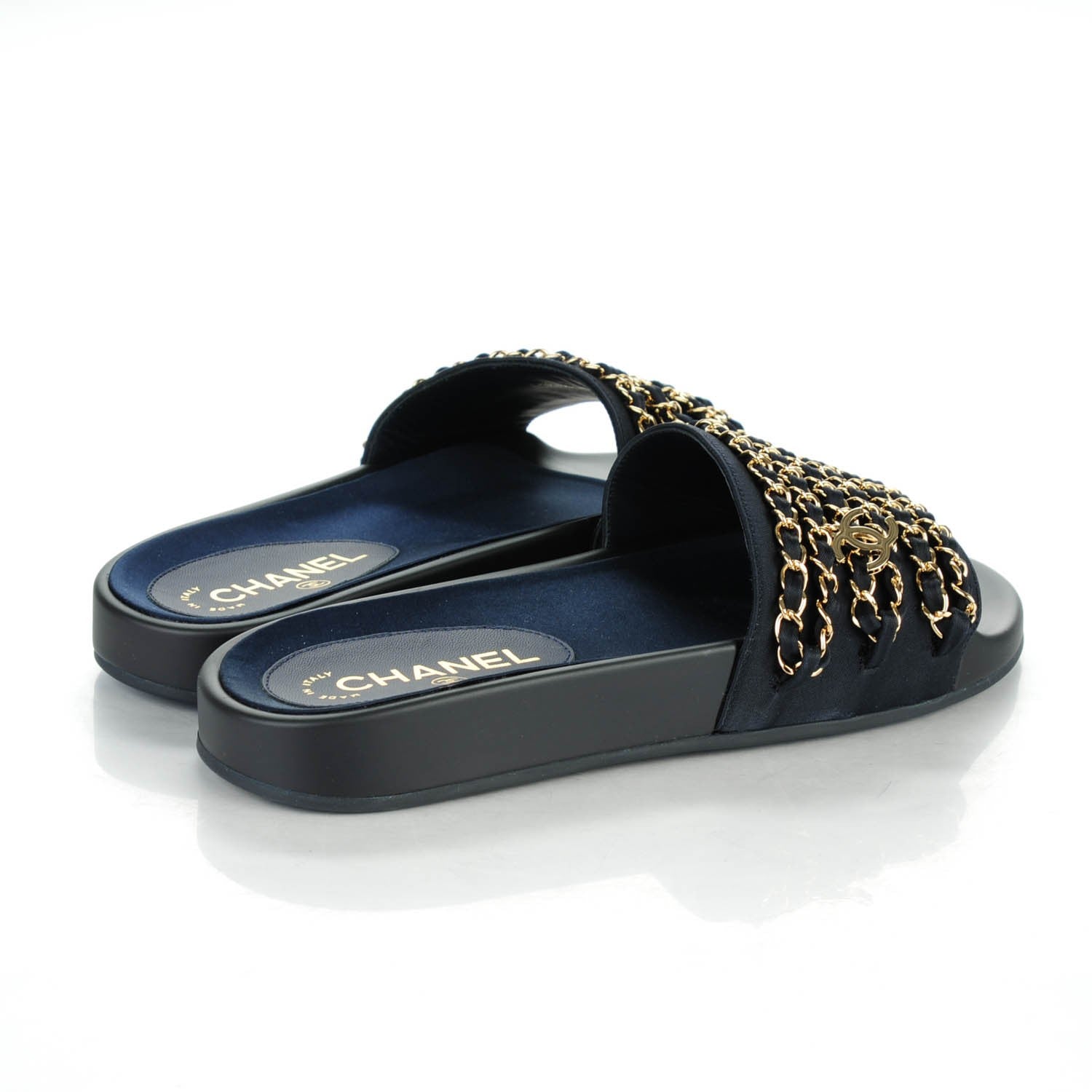 Chanel Lambskin Canvas Chain Flat Sandals 38 Navy 4 of 7