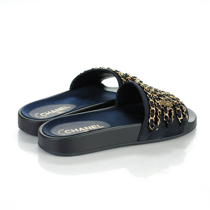 Chanel Lambskin Canvas Chain Flat Sandals 38 Navy 4 of 7
