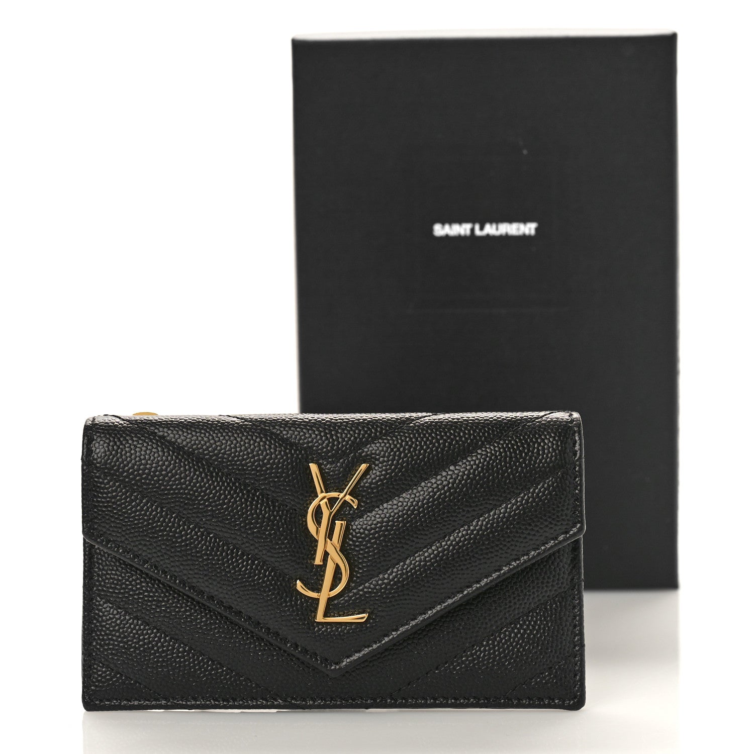Saint Laurent Grain De Poudre Matelasse Chevron Monogram Compact Wallet Black 10 of 10