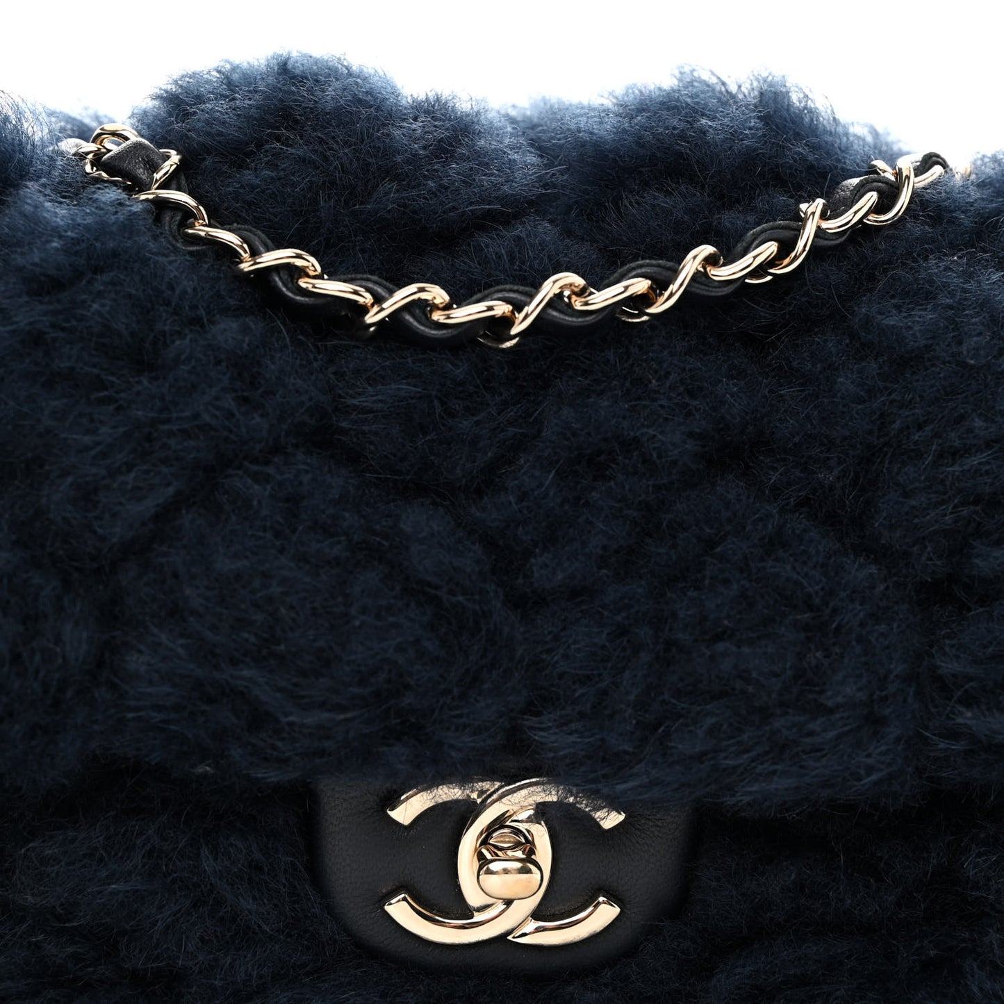 Shearling Lambskin Quilted Flap Navy Blue