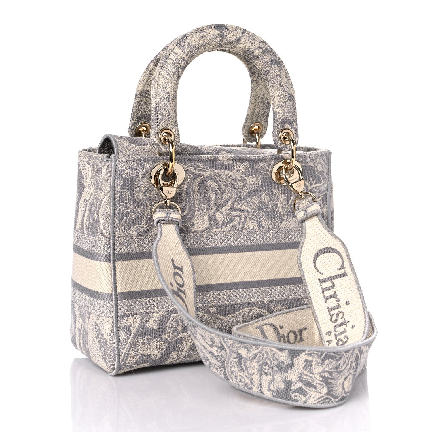 Christian Dior Canvas Toile De Jouy Reverse Embroidered Medium Lady D-Lite Fluorescent Grey 3 of 11
