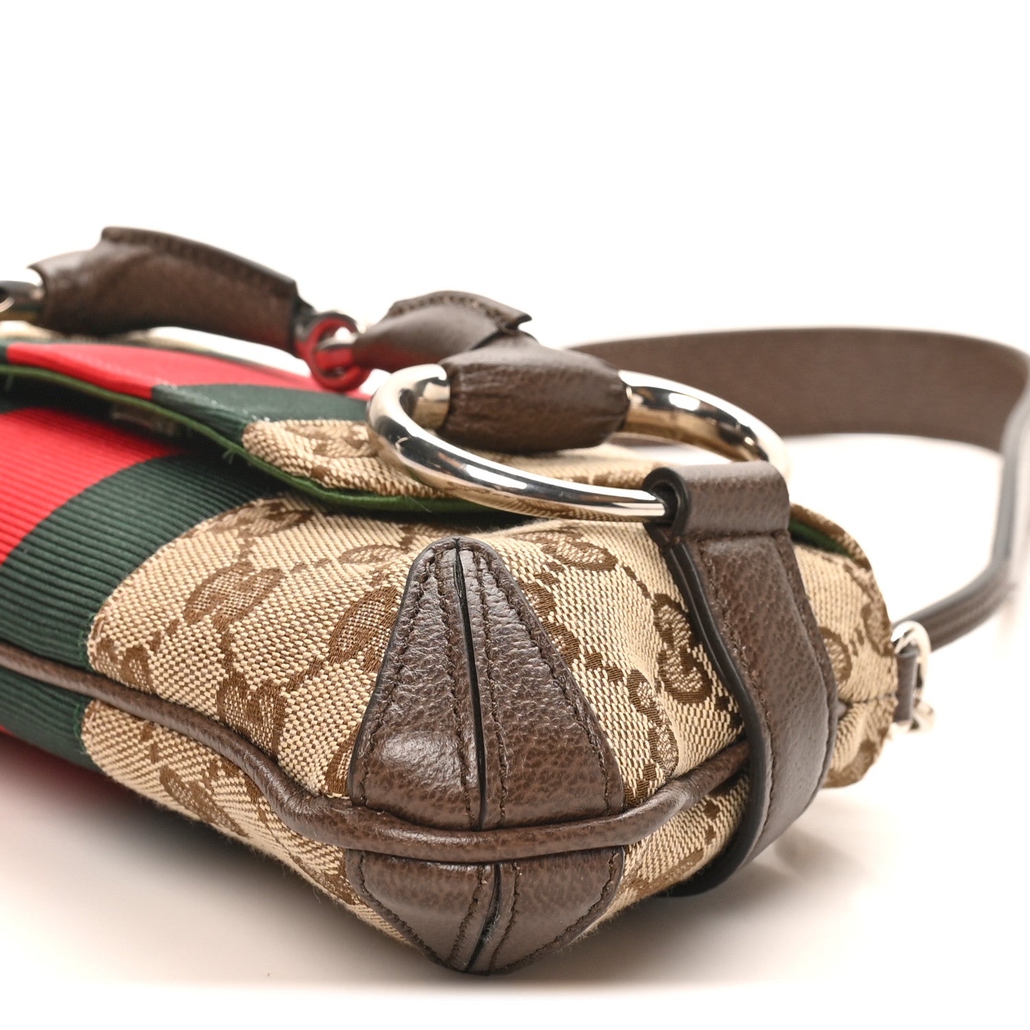 Gucci Monogram Textured Dollar Calfskin Heavy Grosgrain Web Small Maxi Horsebit Chain Shoulder Bag Beige Ebony New Acero 9 of 9