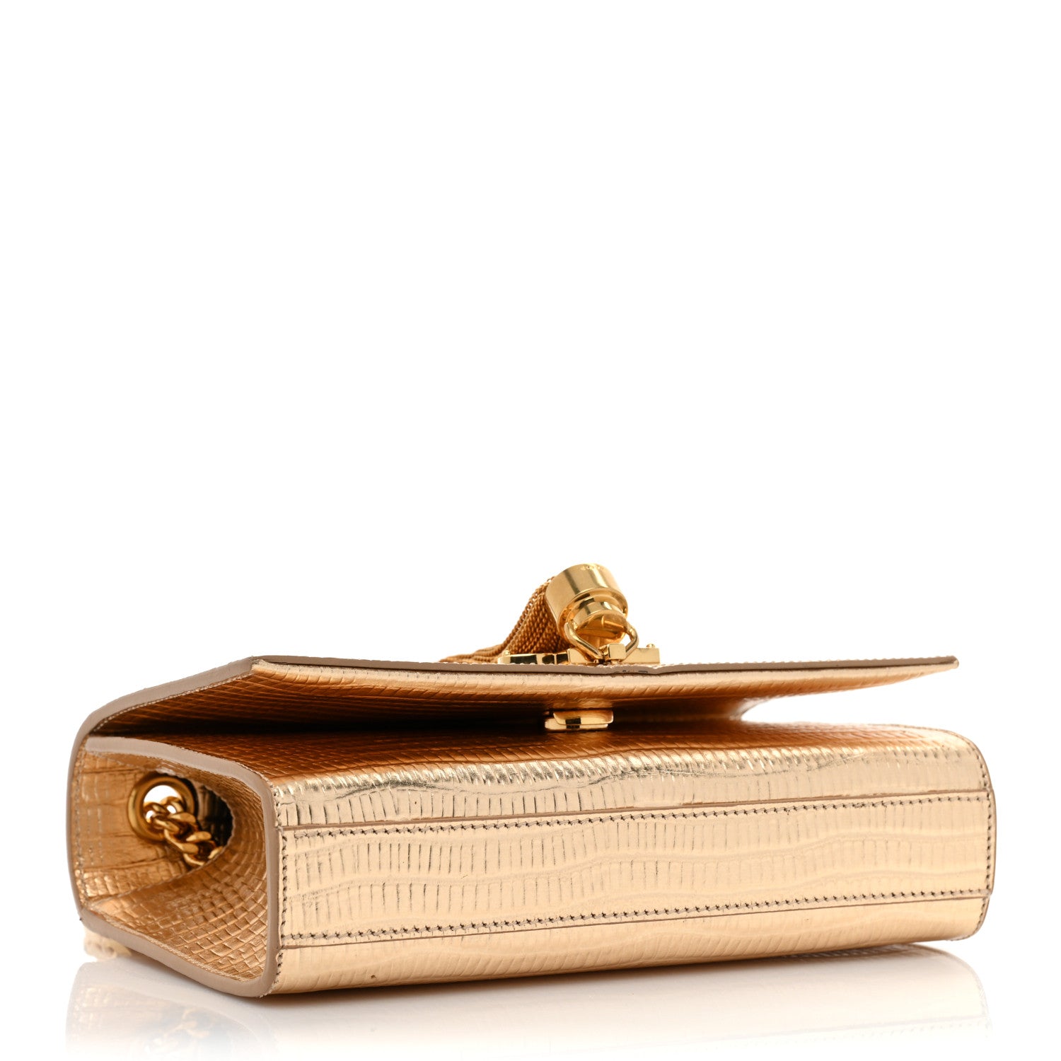 Saint Laurent Metallic Calfskin Crocodile Embossed Small Classic Monogram Kate Tassel Satchel Gold 4 of 12