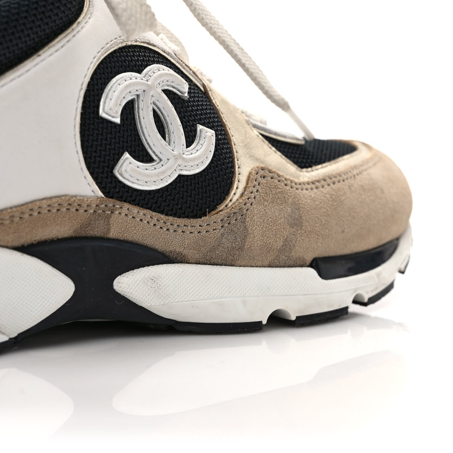 Chanel Mesh Suede Calfskin Womens CC Sneakers 38.5 White Black Beige Gold 11 of 11