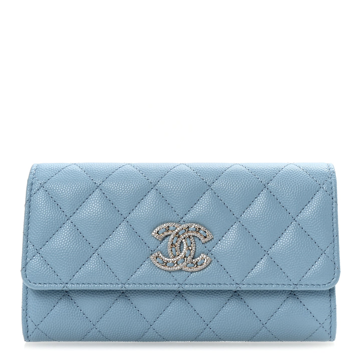 Caviar Quilted Crystal Long Flap Wallet Light Blue