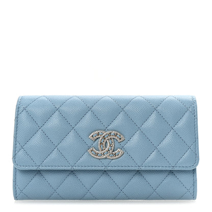 Chanel Caviar Quilted Crystal Long Flap Wallet Light Blue 1 of 8