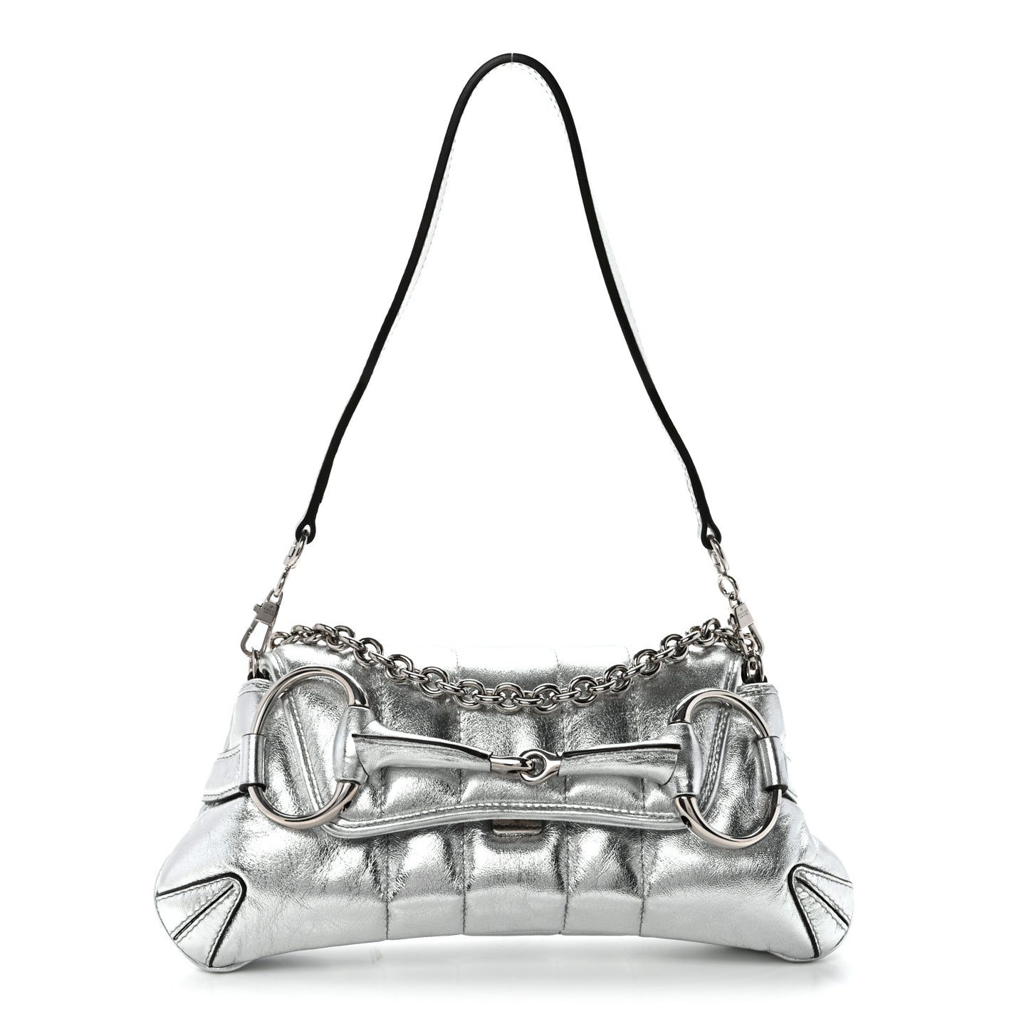 Metallic Nappa Vertical Matelasse Small Maxi Horsebit Chain Shoulder Bag Silver