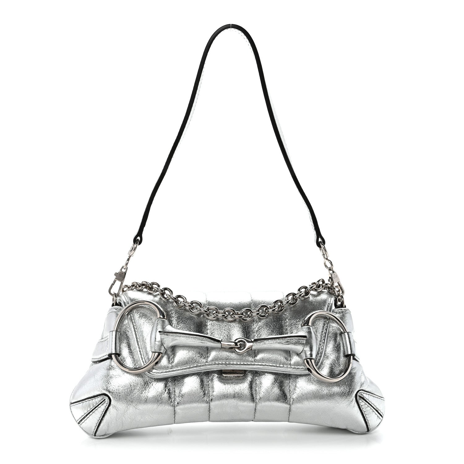 Gucci Metallic Nappa Vertical Matelasse Small Maxi Horsebit Chain Shoulder Bag Silver 1 of 9