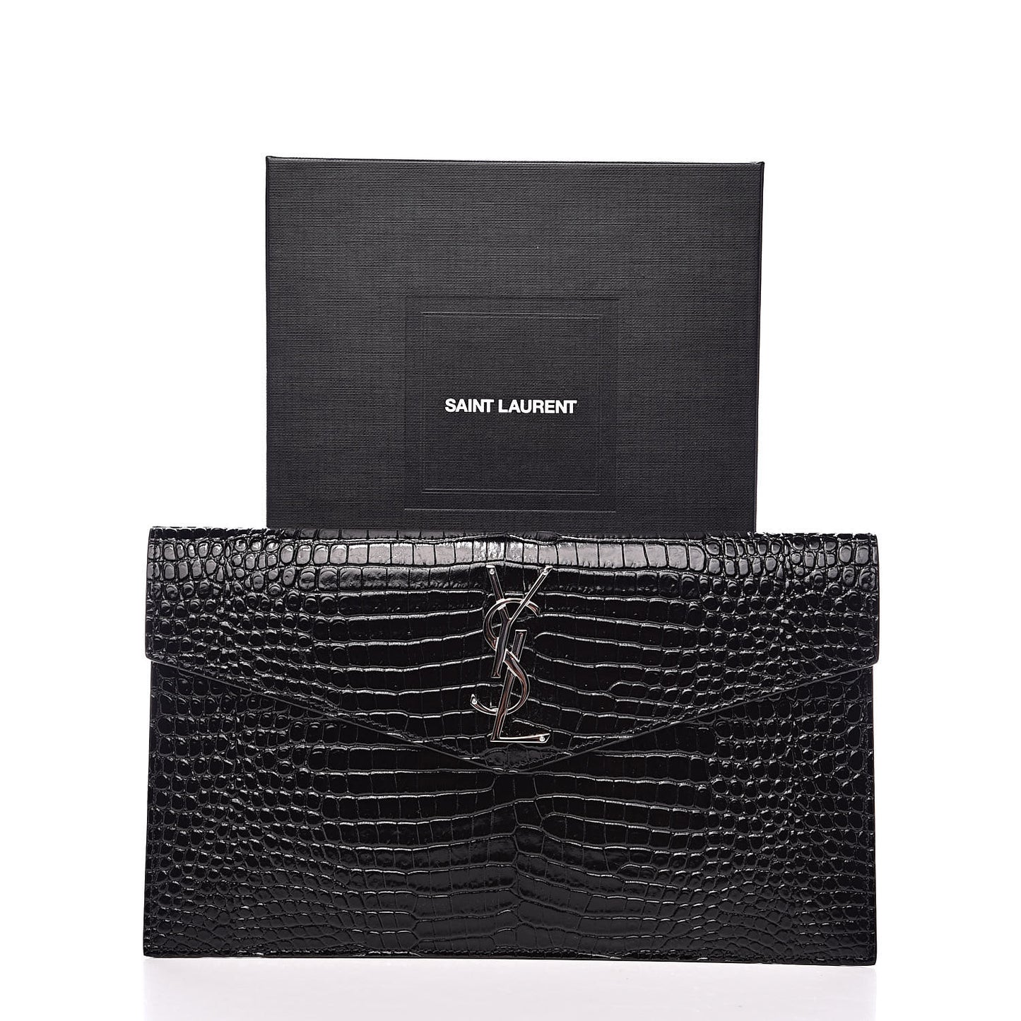 Calfskin Crocodile Embossed Uptown Monogram Clutch Black