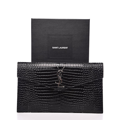 Saint Laurent Calfskin Crocodile Embossed Uptown Monogram Clutch Black 7 of 7