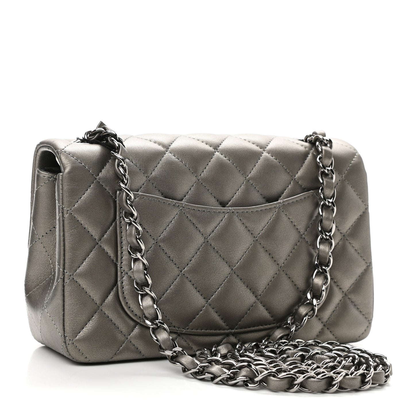Metallic Lambskin Quilted Mini Rectangular Flap Dark Grey
