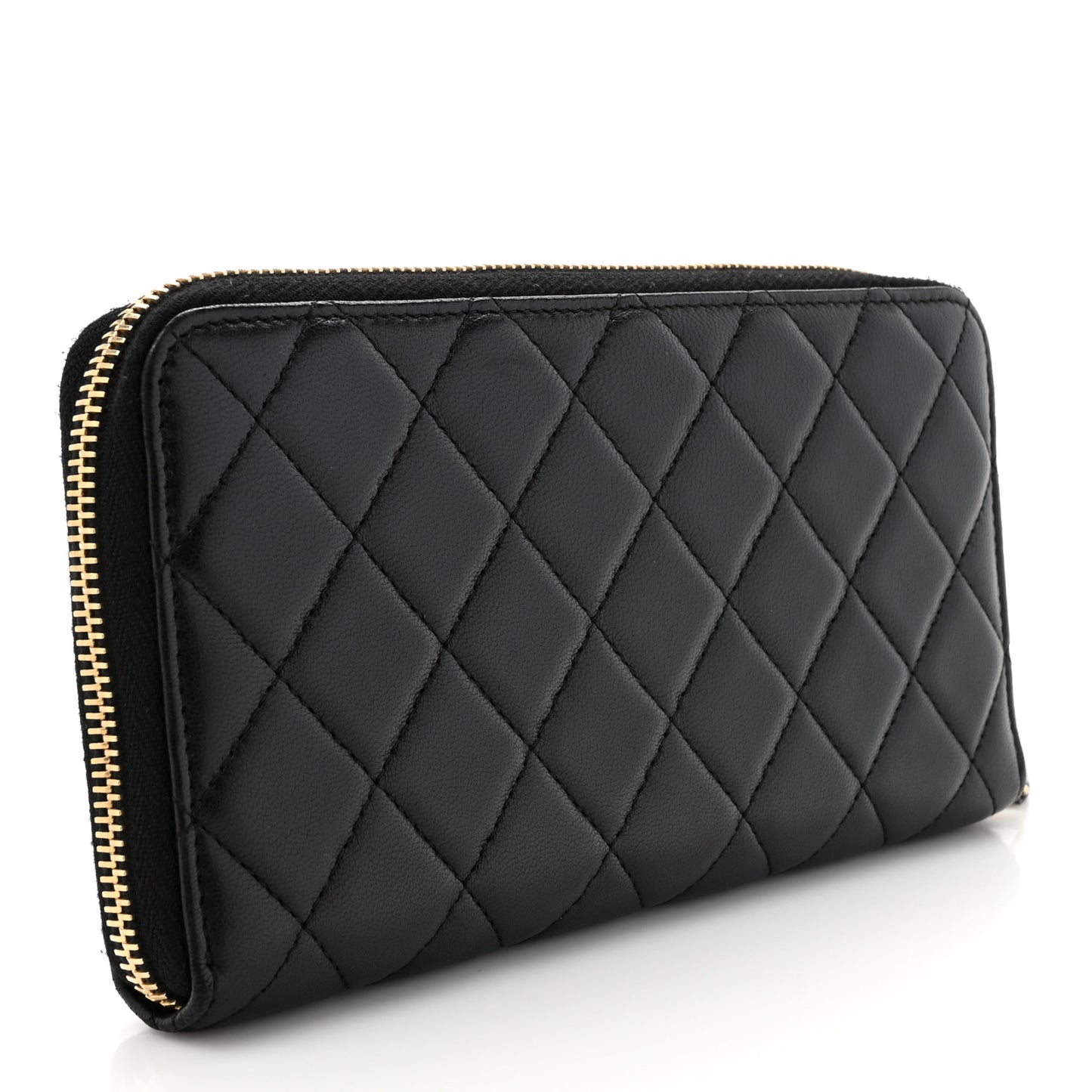 Lambskin Quilted Large Gusset Zip Around Wallet Black