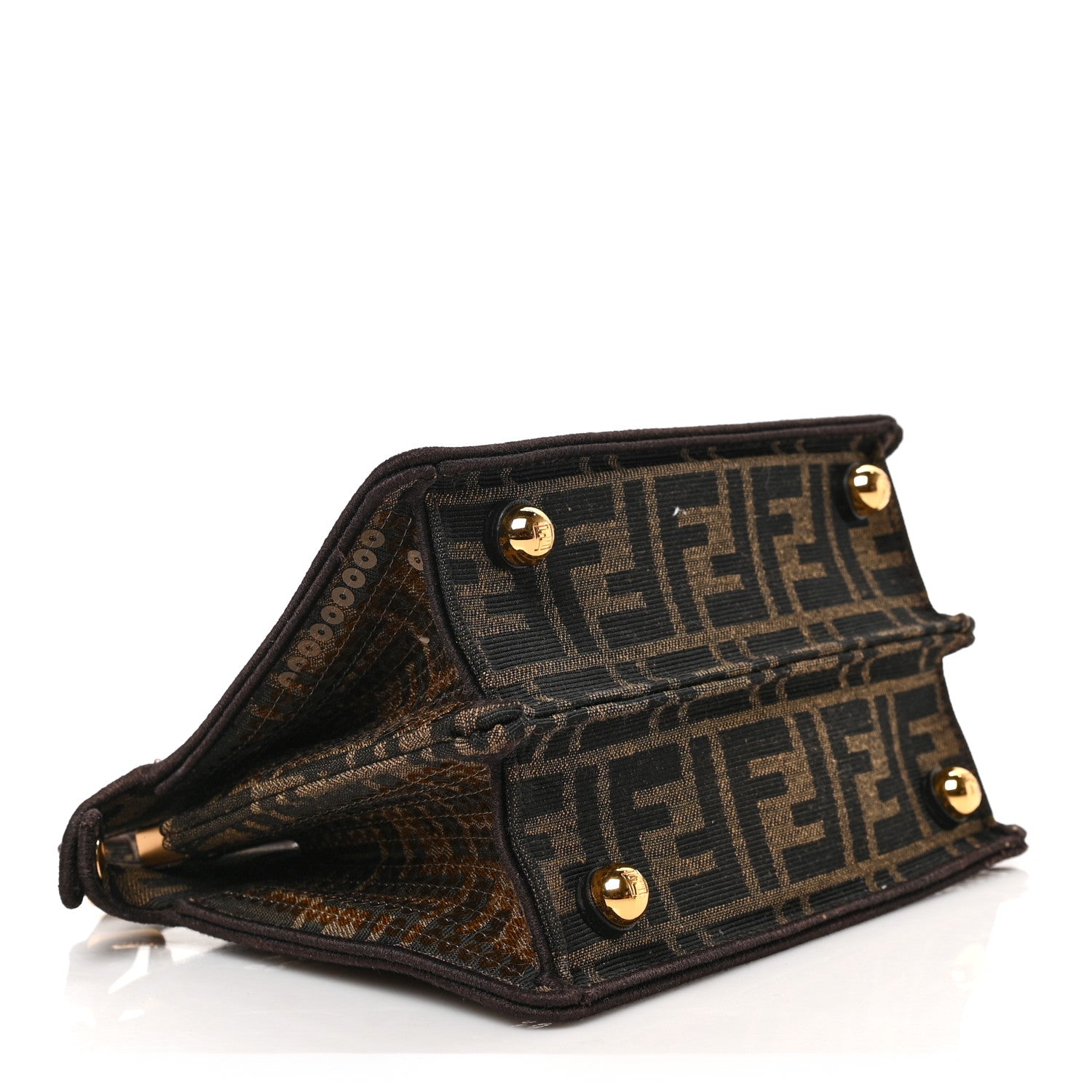 Fendi Fabric Jacquard Paillettes Vitello Seta FF 1974 Petite Peekaboo I SEE U Satchel Tobacco Moro 4 of 8