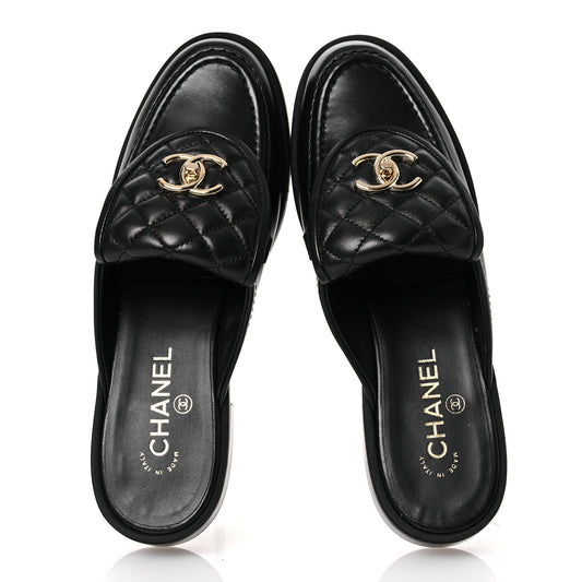 Lambskin Quilted CC Turnlock Mules 39.5 Black