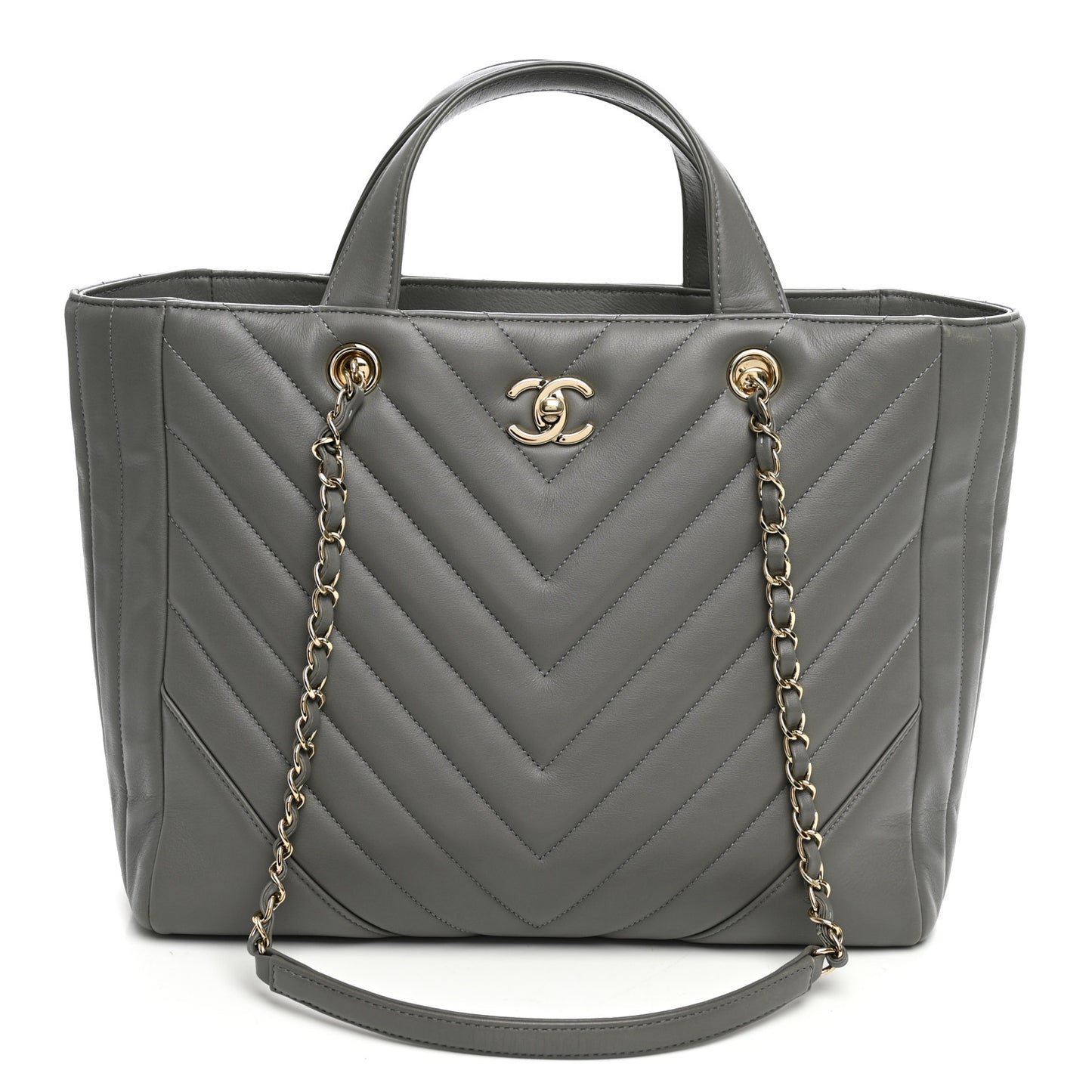 Calfskin Chevron Quilted Statement Shopping Tote Grey