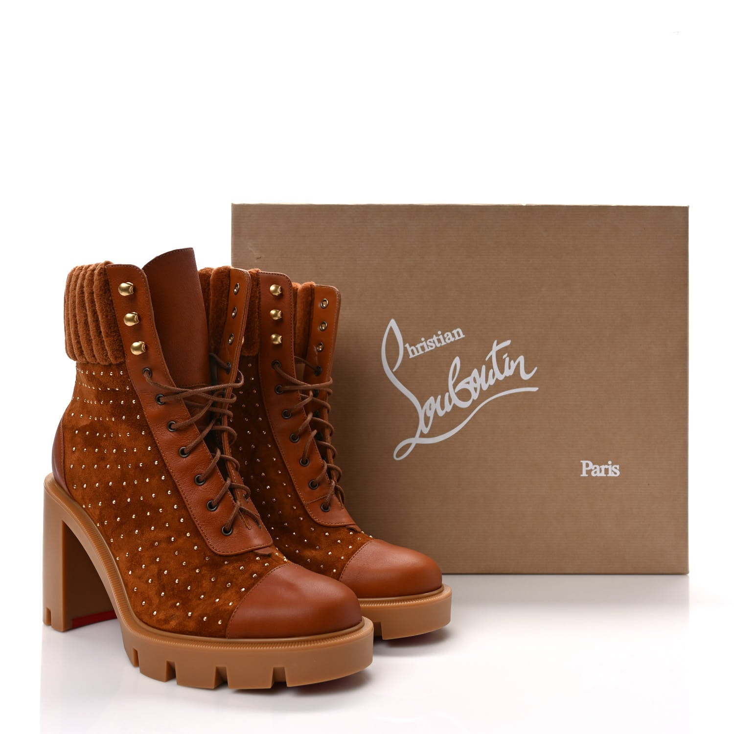 Christian Louboutin Calfskin Suede Cake Velvet Studded Dakita Lug 70 Boots 38 Foxy Antic Gold 9 of 9