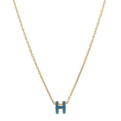 Hermes Lacquered Gold Mini Pop H Pendant Necklace Bleu Jean 1 of 4