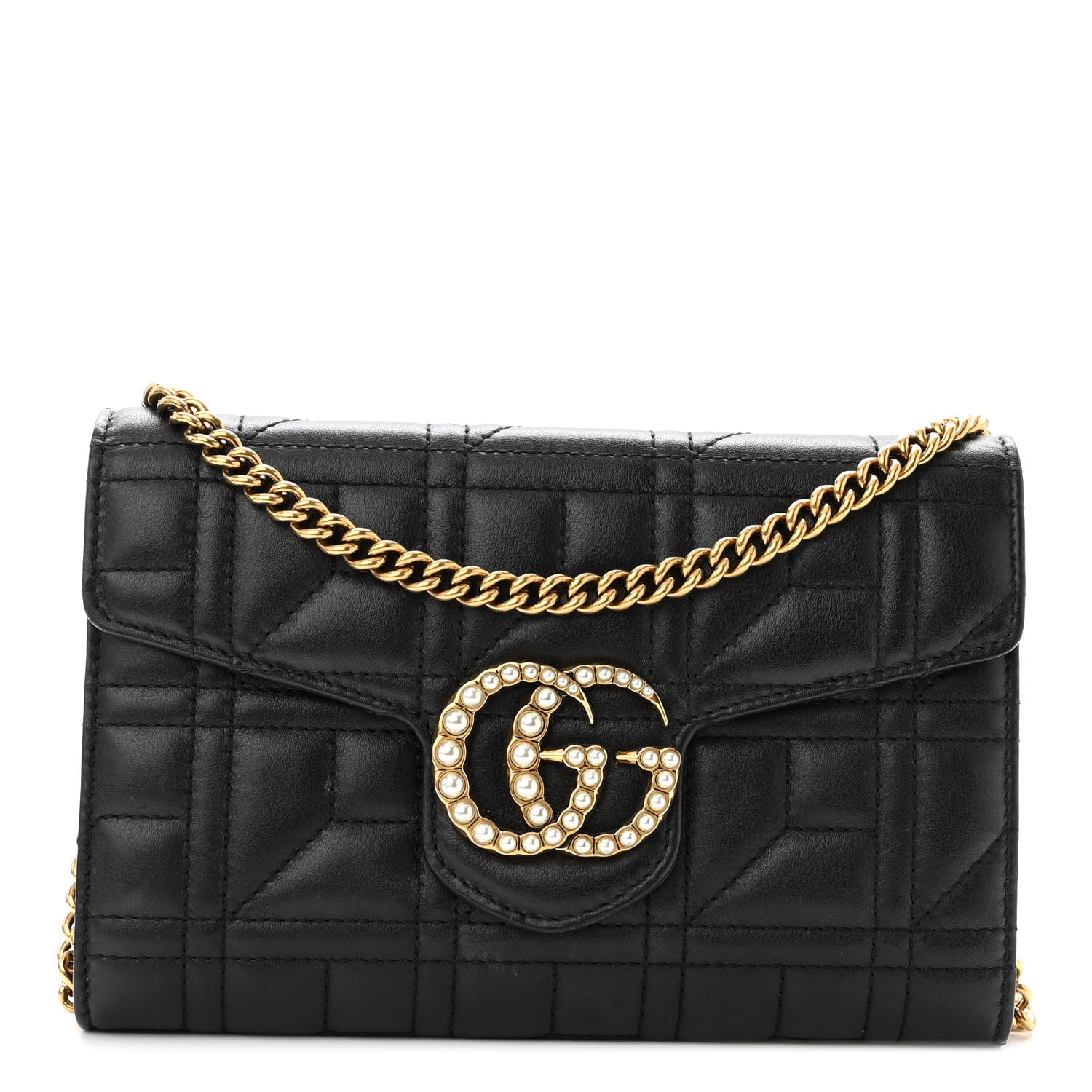 Gucci Calfskin Matelasse Mini Pearly GG Marmont Chain Wallet Black 1 of 9