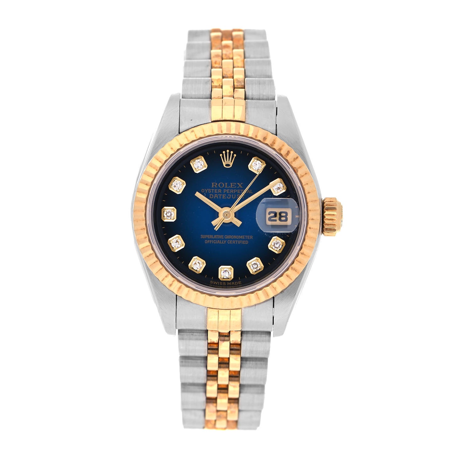 Stainless Steel 18K Yellow Gold Diamond 26mm Oyster Perpetual Datejust Watch Blue Gradient 69173