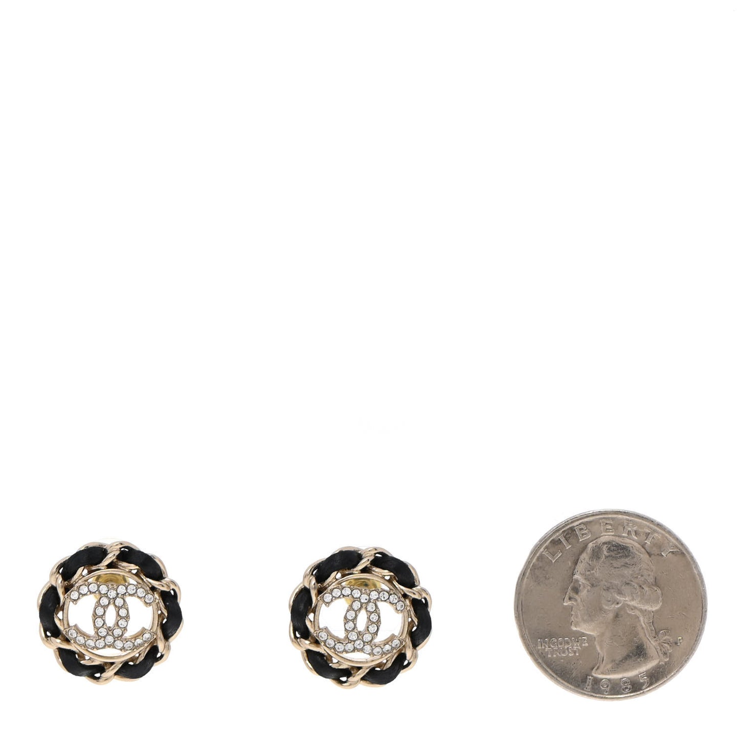 Crystal Lambskin Chain CC Stud Earrings Black Gold