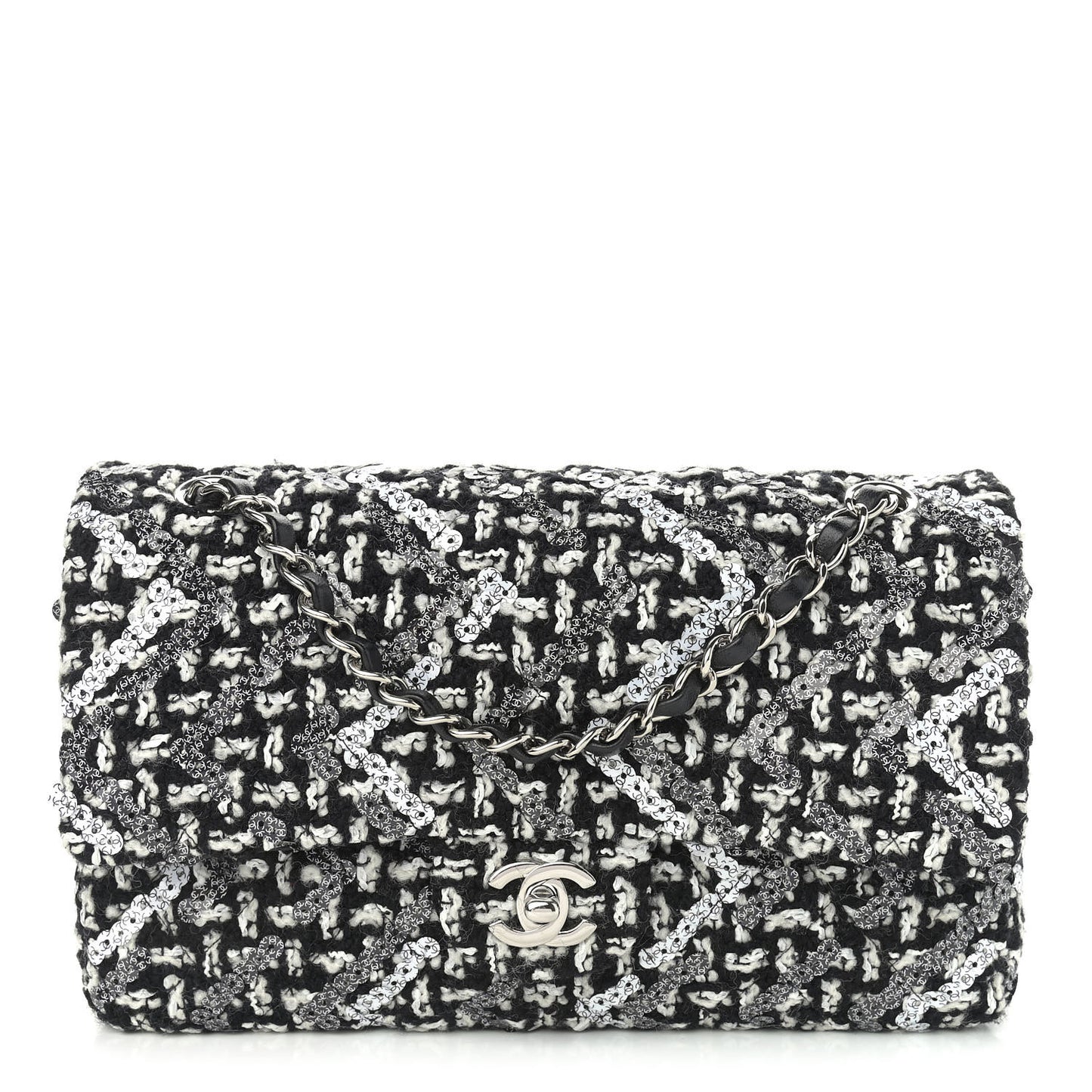Tweed Sequin Quilted Medium Double Flap Black White
