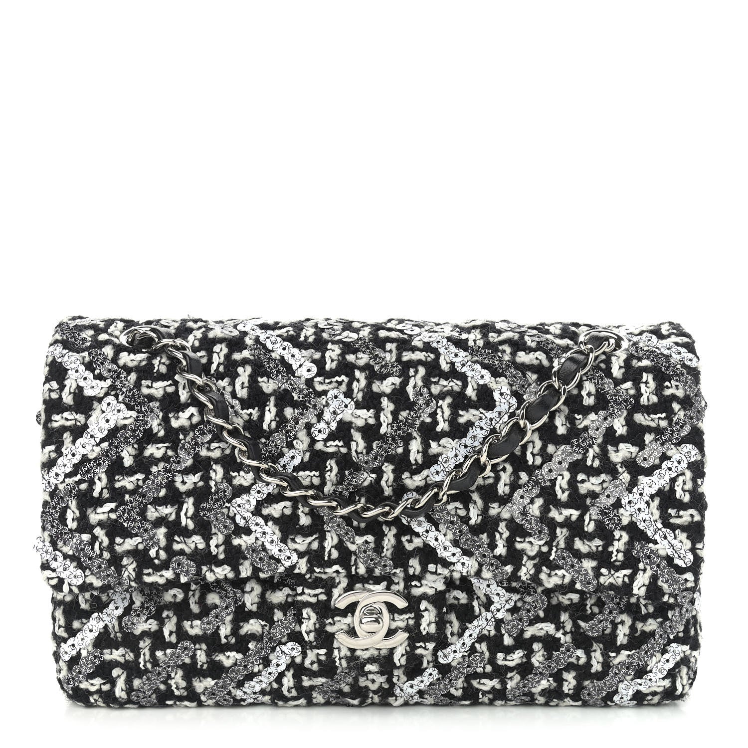 Chanel Tweed Sequin Quilted Medium Double Flap Black White 1 of 11