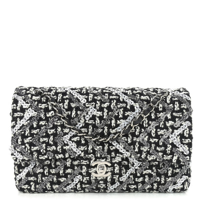 Chanel Tweed Sequin Quilted Medium Double Flap Black White 1 of 11