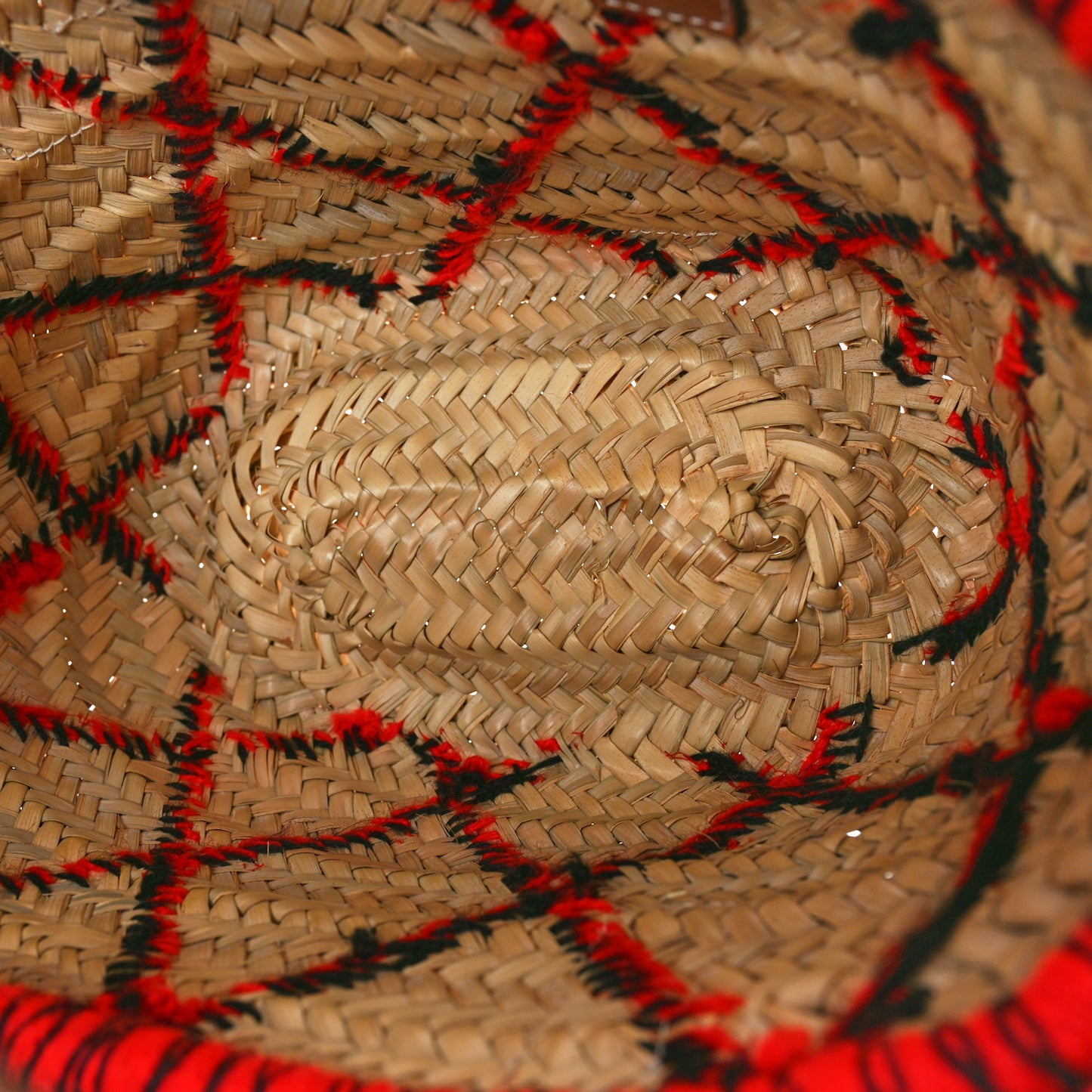 Embroidered Raffia Basket Tote Bag Natural Tan Red