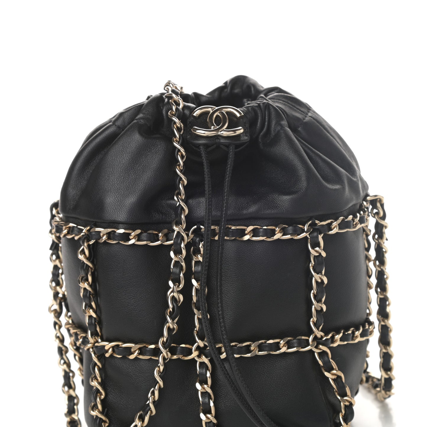 Lambskin Bucket Chain Drawstring Bag Black