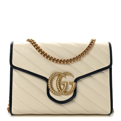 Gucci Vintage Effect Calfskin Matelasse Diagonal Torchon GG Marmont Chain Wallet Mystic White Blue Agata 1 of 13
