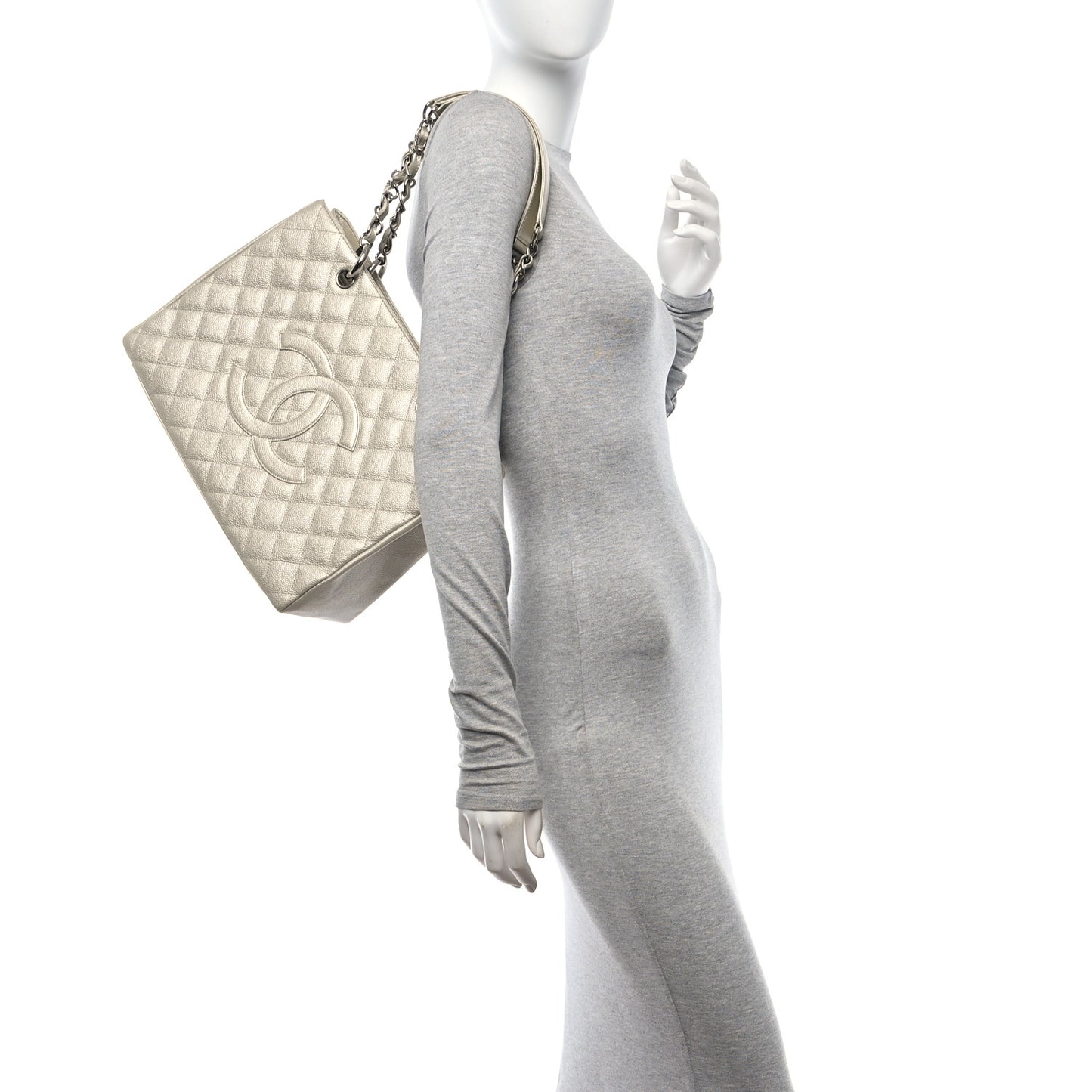 Metallic Caviar Quilted Grand Shopping Tote GST Pearl