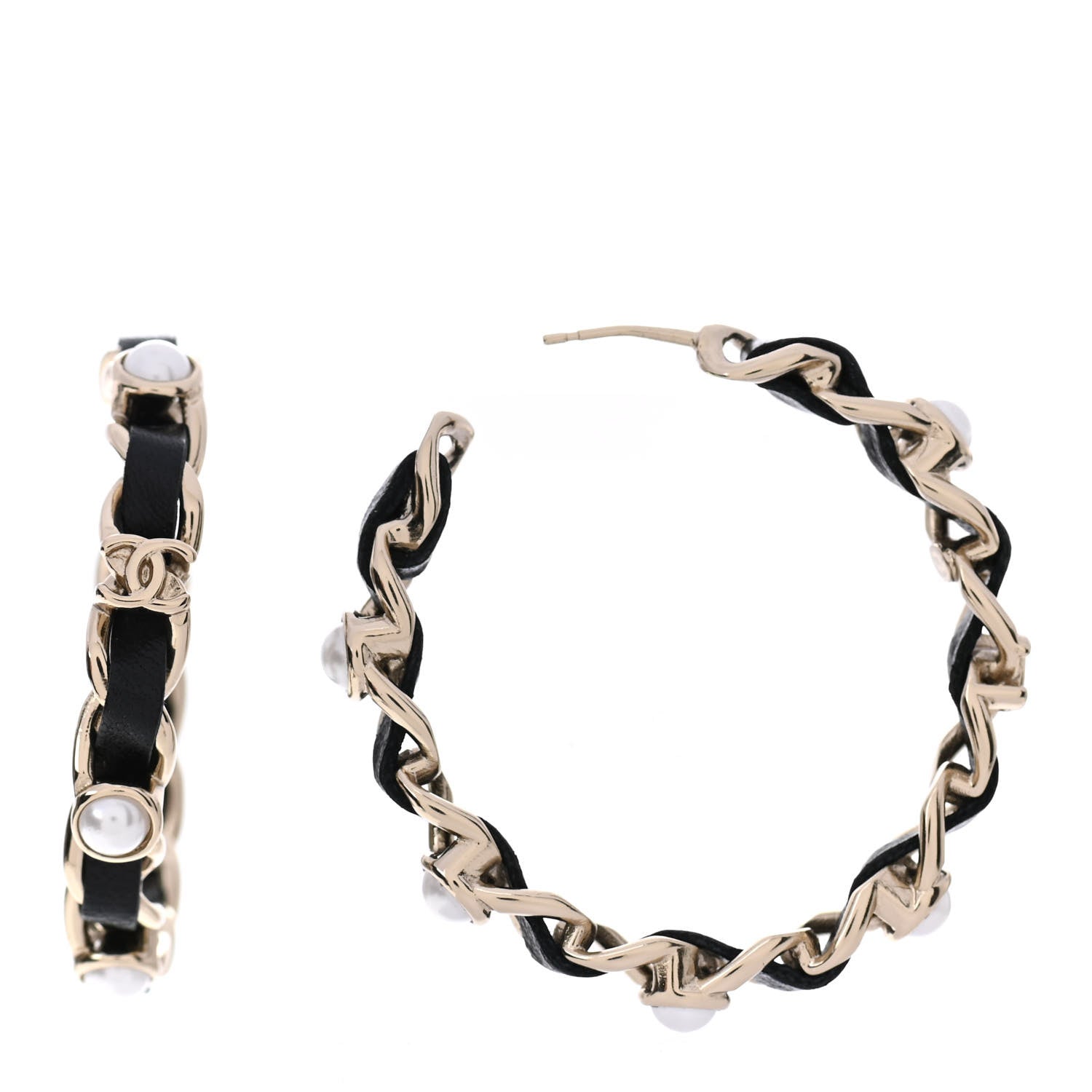 Chanel Lambskin Pearl More Is More CC Chain Hoop Earrings Gold Black 1 of 4