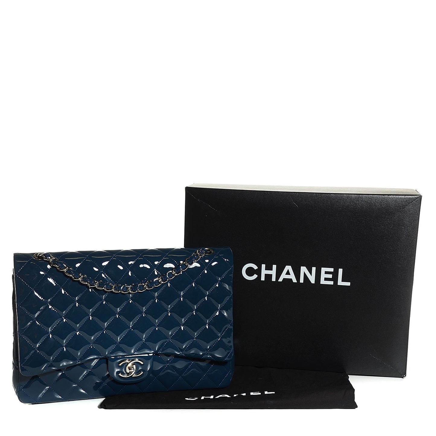 Patent Quilted Maxi Double Flap Navy Blue