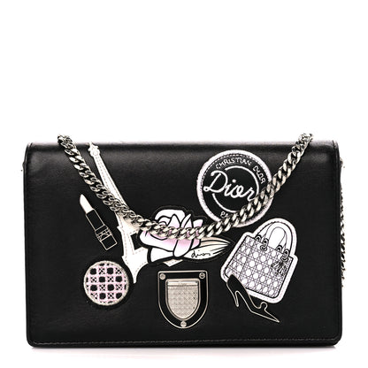 Christian Dior Calfskin Patch Embroidered Diorama Chain Wallet Black 1 of 13
