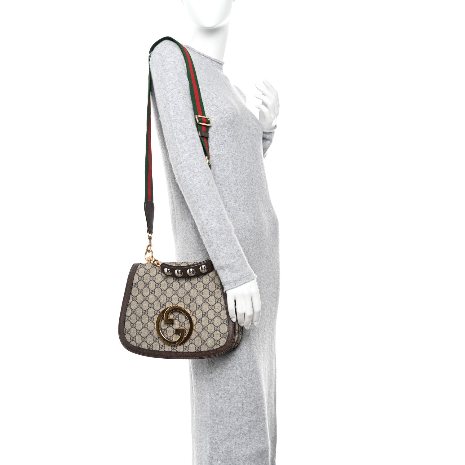 Gucci GG Supreme Monogram Textured Dollar Calfskin Web Medium Blondie Top Handle Shoulder Flap Bag Beige Ebony New Acero 2 of 11