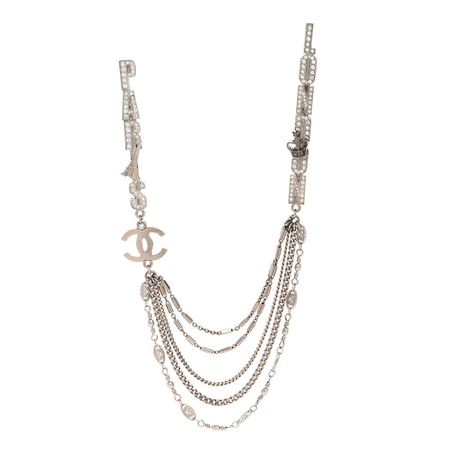 Chanel Crystal CC London Paris Multi Strand Chain Brooch Silver 1 of 3