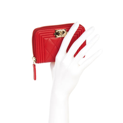 Chanel Lambskin Quilted Boy Zip Around Coin Purse Wallet Red 2 of 7