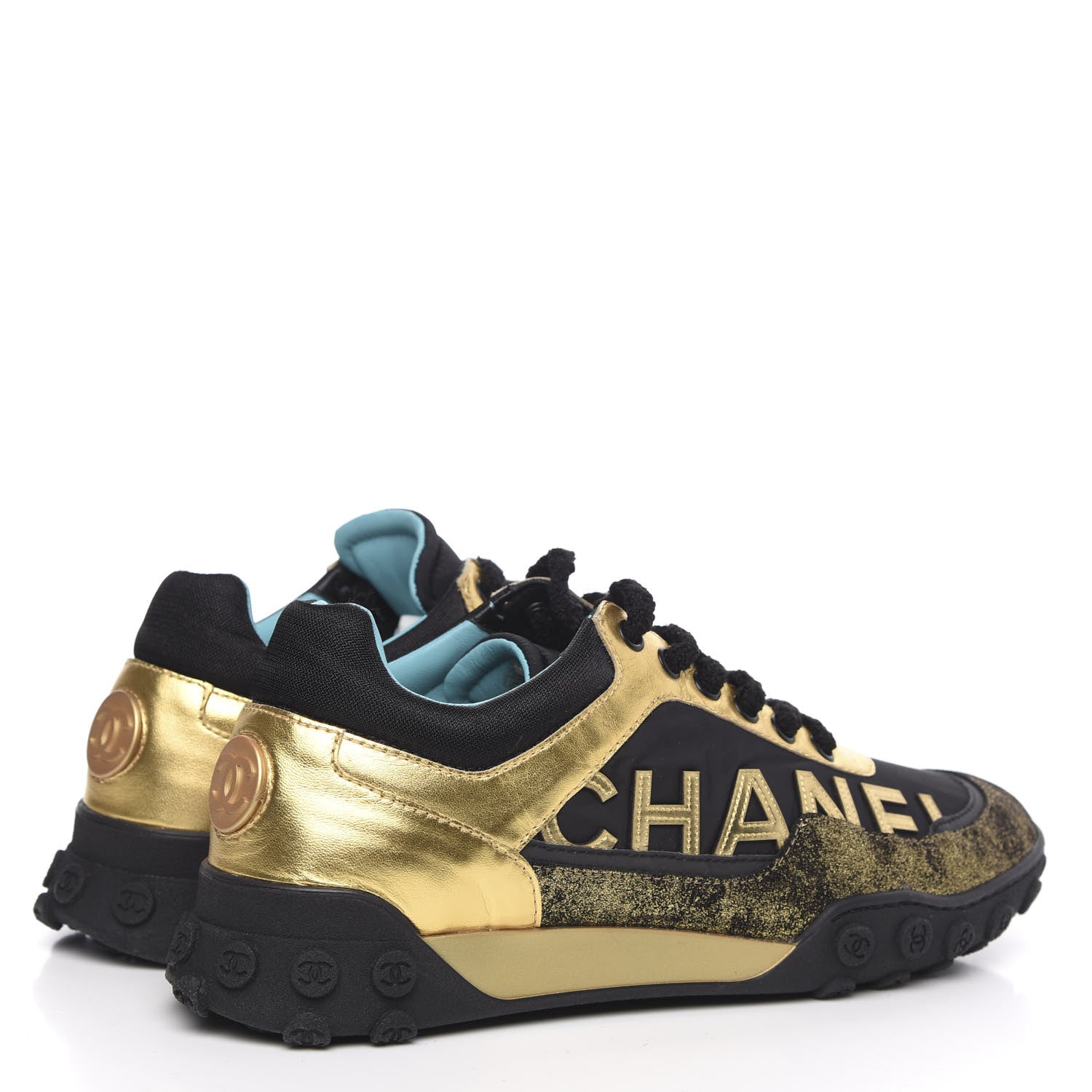 Chanel Metallic Lambskin Satin Finish Womens CC Sneakers 39 Black Gold 4 of 8