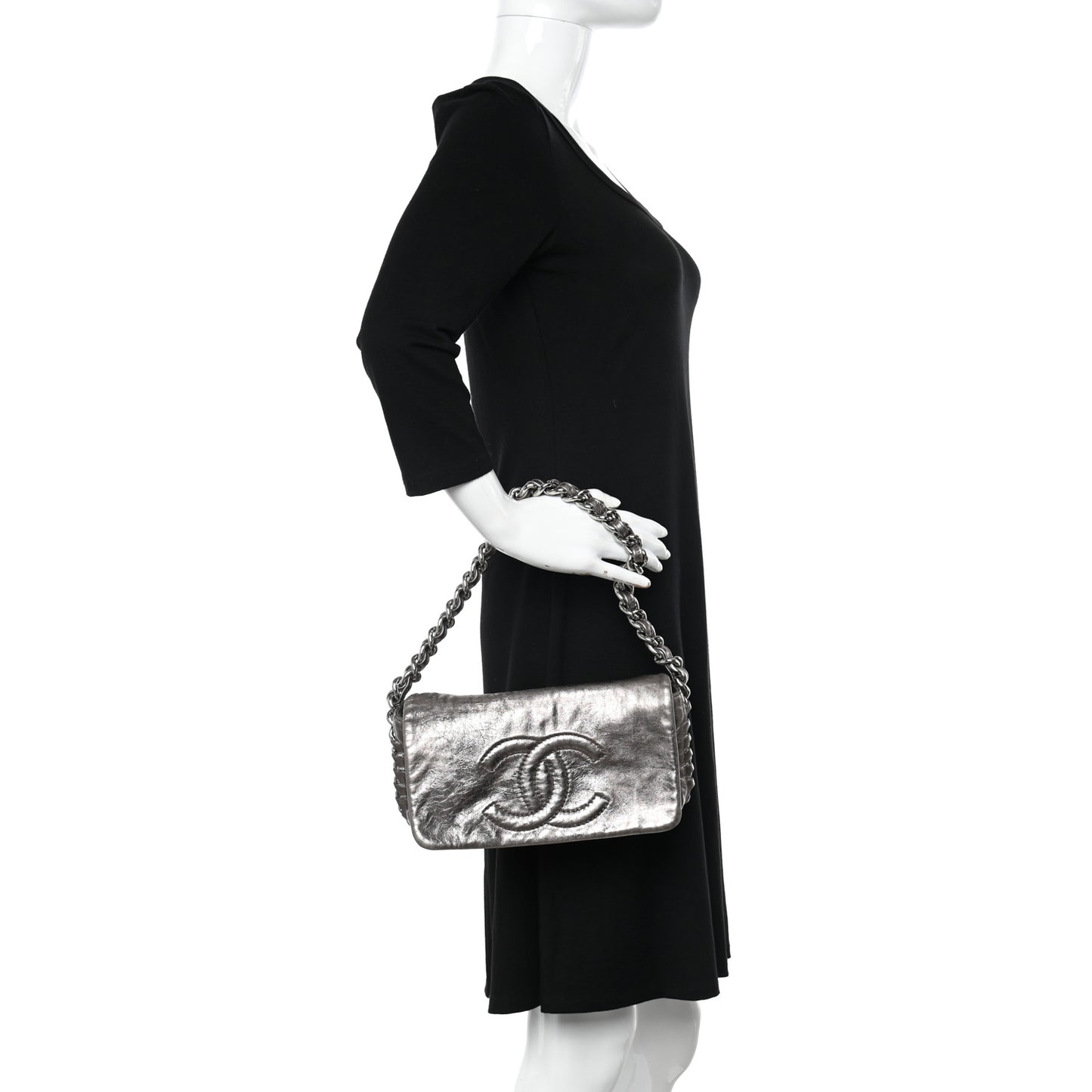 Metallic Cracked Calfskin Modern Chain Flap Bag Dark Silver