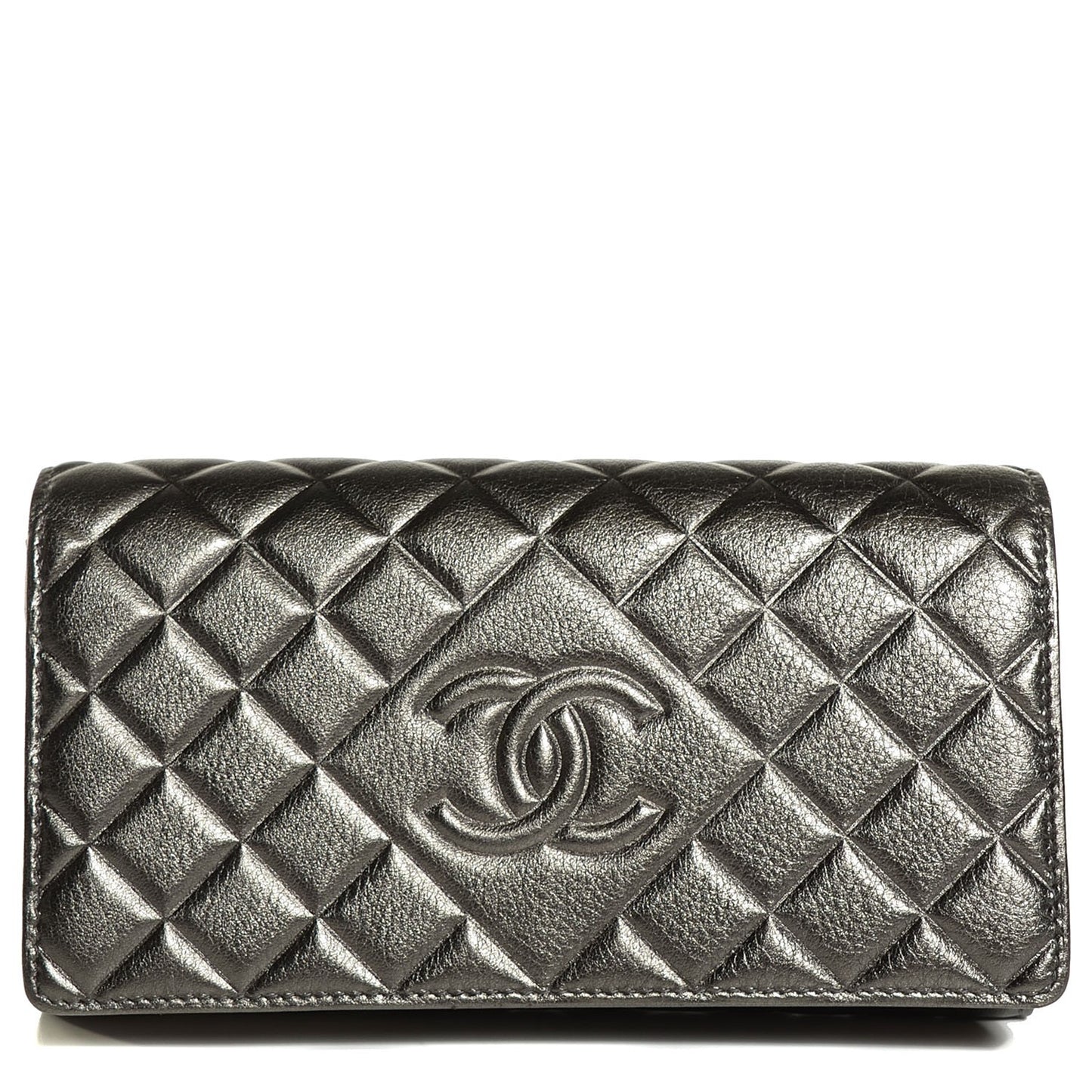Calfskin Quilted Diamond CC Large Gusset Flap Wallet Dark Silver
