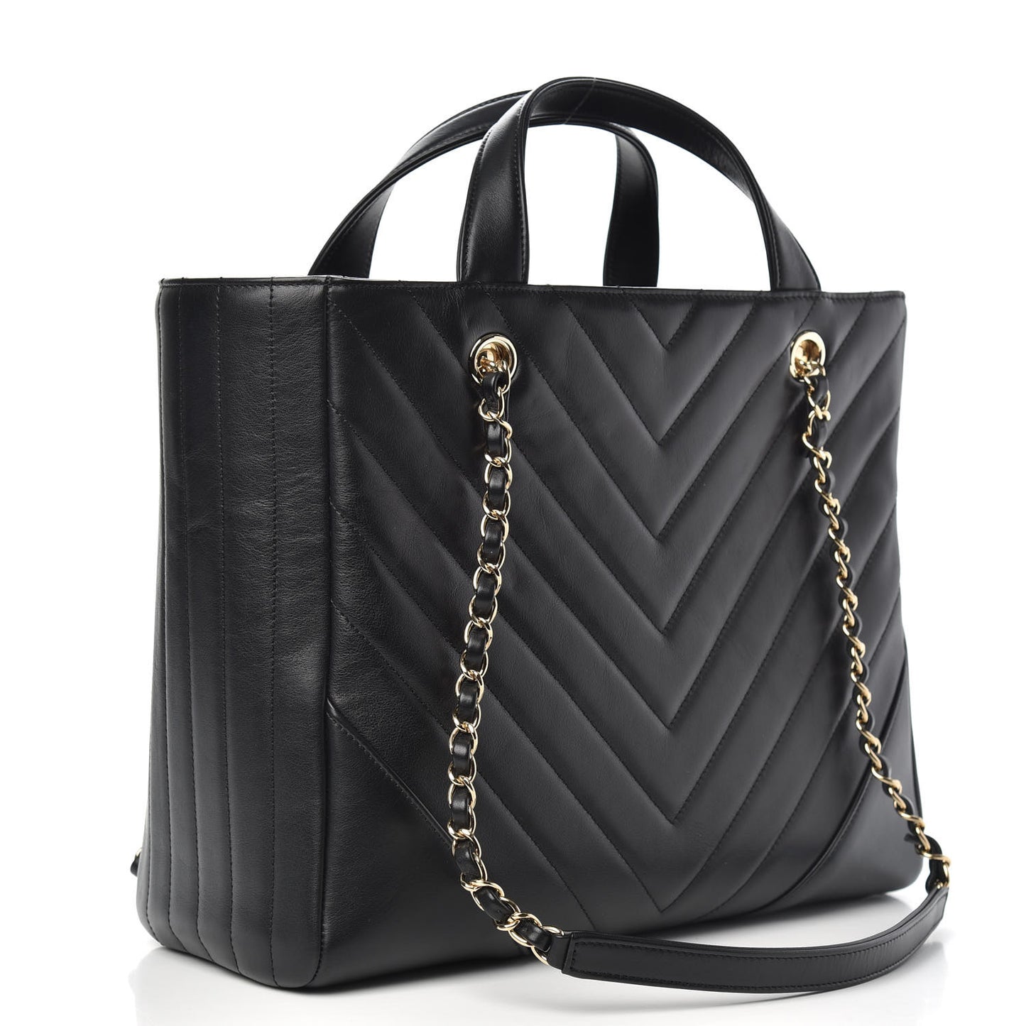 Calfskin Chevron Quilted Large Shopping Tote Black
